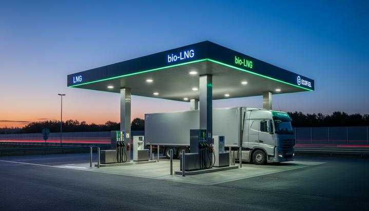 Большегрузный автомобиль на заправочной станции сжиженного природного газа (СПГ) на европейской трассе.