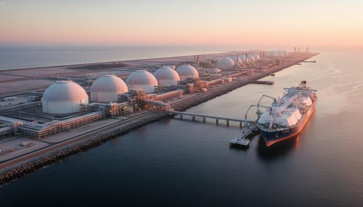 Крупный завод по сжижению природного газа с резервуарами для хранения на побережье, у причала стоит газовоз.