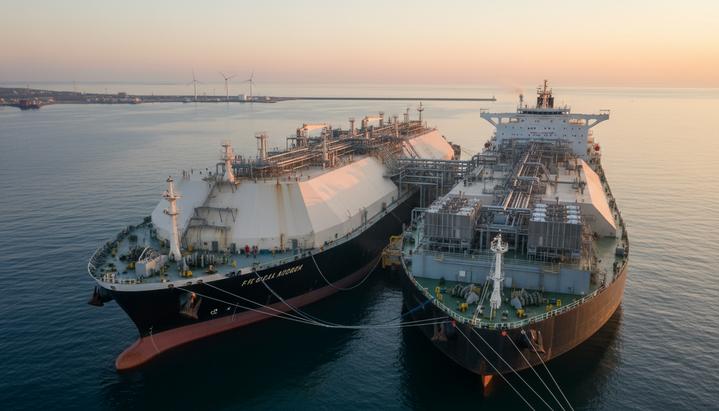 Крупный танкер-газовоз для СПГ пришвартован к плавучей установке для хранения и регазификации в морском порту.