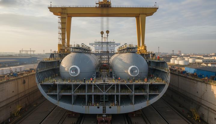 Китайская верфь начала строительство СПГ-бункеровщика для энерготрейдера Vitol Секция корпуса нового СПГ-бункеровщика на стапеле в сухом доке судостроительной верфи. Рядом виден большой портальный кран.