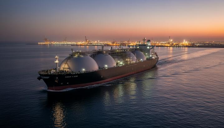 Огромный газовоз для перевозки СПГ в море на фоне ярко освещенного прибрежного терминала в сумерках.