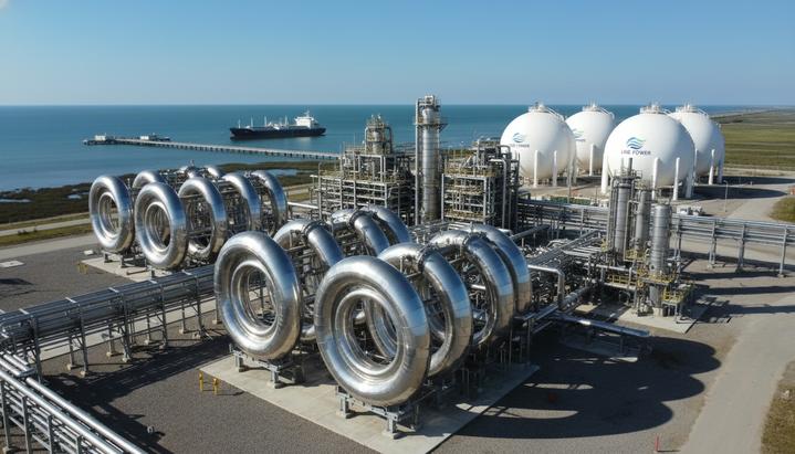 Honeywell предоставит ключевые технологии для нового СПГ-завода в Луизиане Современный завод по сжижению природного газа на побережье: промышленные теплообменники, сеть трубопроводов и сферические резервуары.