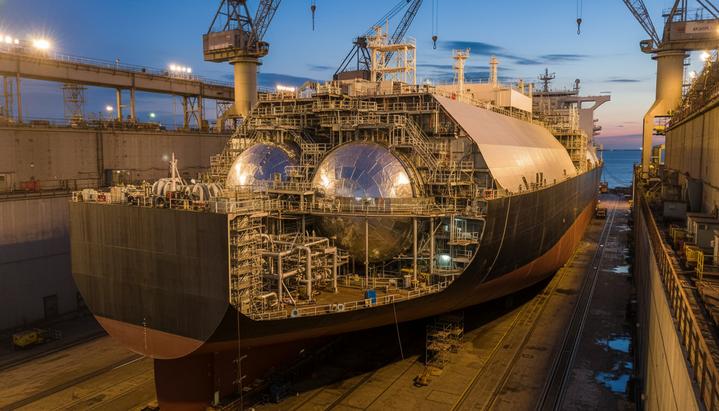 Огромный газовоз СПГ на стадии строительства в сухом доке. В открытом корпусе судна видны мембранные криогенные танки.