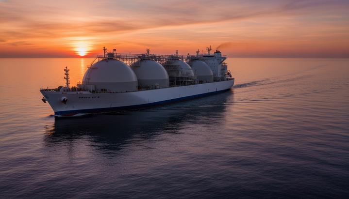 Огромный современный танкер-газовоз для перевозки СПГ в открытом море на рассвете.
