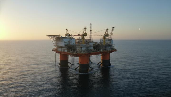 Крупная плавучая полупогружная установка для добычи газа (FPU) в открытом океане у побережья Австралии.