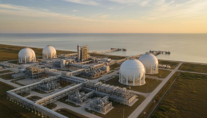 Современный терминал сжиженного природного газа на побережье Техаса. Крупные сферические резервуары для хранения СПГ и сеть трубопроводов на рассвете.