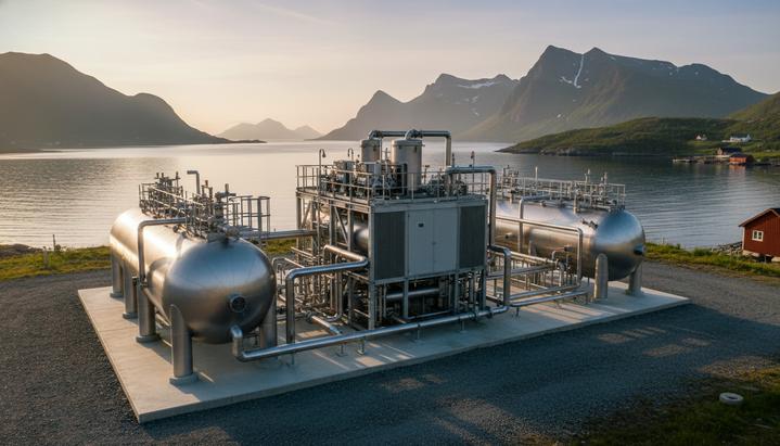 Современный завод по производству сжиженного биогаза с резервуарами и трубопроводами на фоне норвежского побережья.