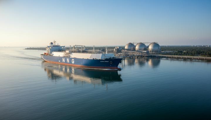 Огромный танкер для перевозки сжиженного природного газа (СПГ) подплывает к прибрежному терминалу с большими сферическими резервуарами.