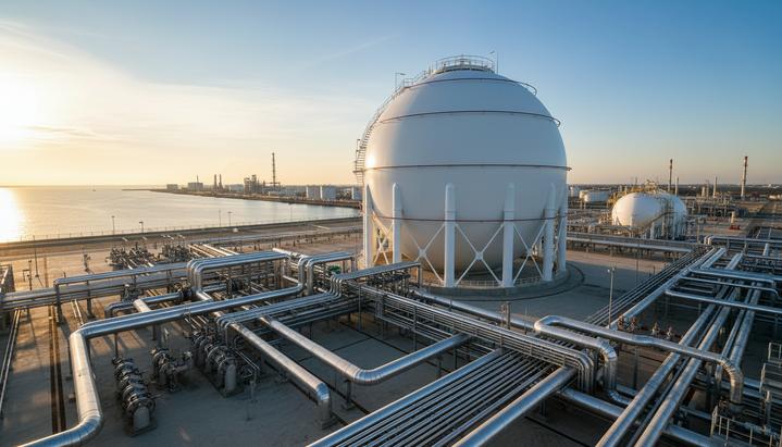 Огромный белый сферический резервуар для хранения сжиженного природного газа (СПГ) на промышленном терминале с сетью трубопроводов.
