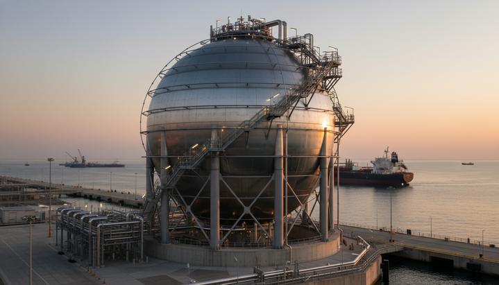 Американская Pilot LNG сменила название на Navergy для расширения на рынке СПГ Крупный сферический резервуар для хранения СПГ в портовом терминале на рассвете, на фоне моря и сети трубопроводов.