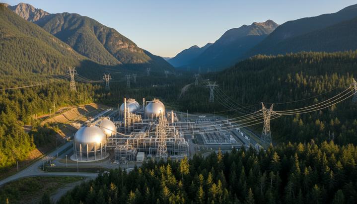 В Канаде строят СПГ-завод, который сократит выбросы парниковых газов в девять раз Современный завод СПГ с резервуарами для хранения газа и линиями электропередачи на фоне гор и леса.