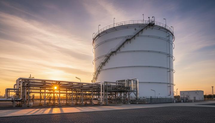Крупный белый резервуар для хранения сжиженного природного газа (СПГ) на промышленном объекте в окружении трубопроводов на рассвете.