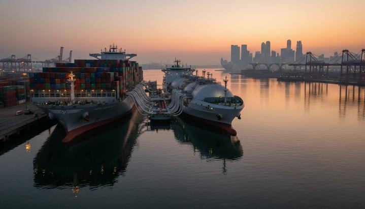 СПГ-бункеровщик заправляет сжиженным природным газом большой контейнеровоз в современном порту Сингапура на рассвете.