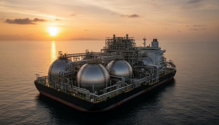 Крупный плавучий завод по сжижению природного газа Coral North в открытом море у побережья Мозамбика на закате.