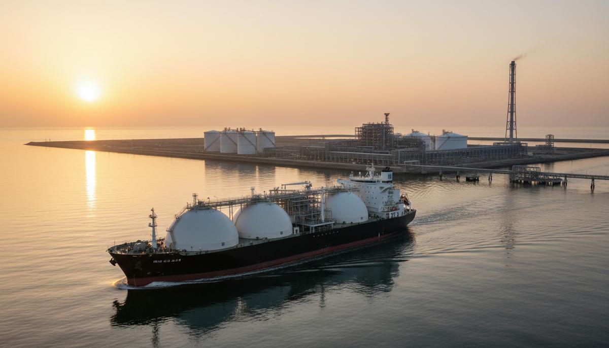 Танкер-газовоз для перевозки СПГ на фоне морского терминала с крупными резервуарами для хранения на рассвете.