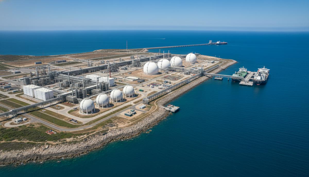 Крупный завод по сжижению природного газа (СПГ) на побережье. Видны белые модульные блоки и большие сферические хранилища.