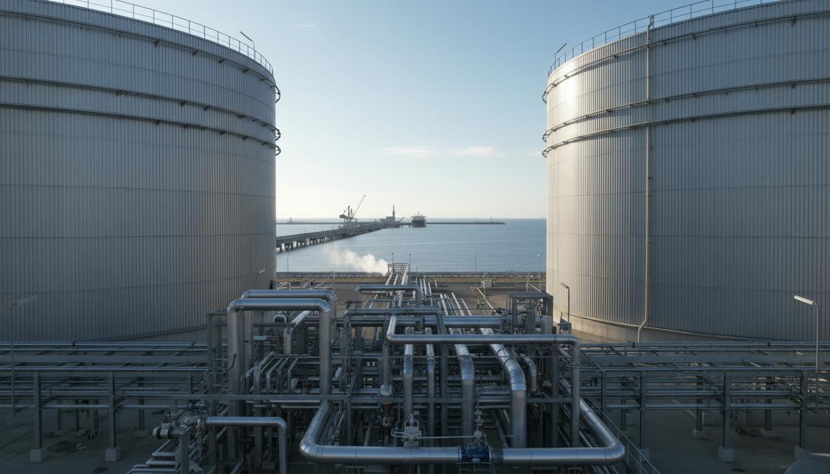 Крупные резервуары для хранения сжиженного природного газа (СПГ) в промышленном морском порту на фоне пирса и моря.