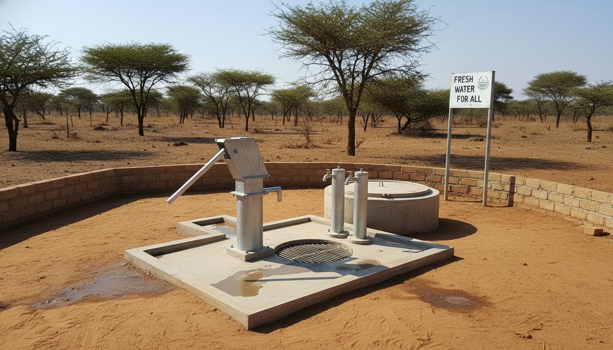 Новая колонка для подачи чистой питьевой воды, установленная в засушливой сельской местности в Уганде.