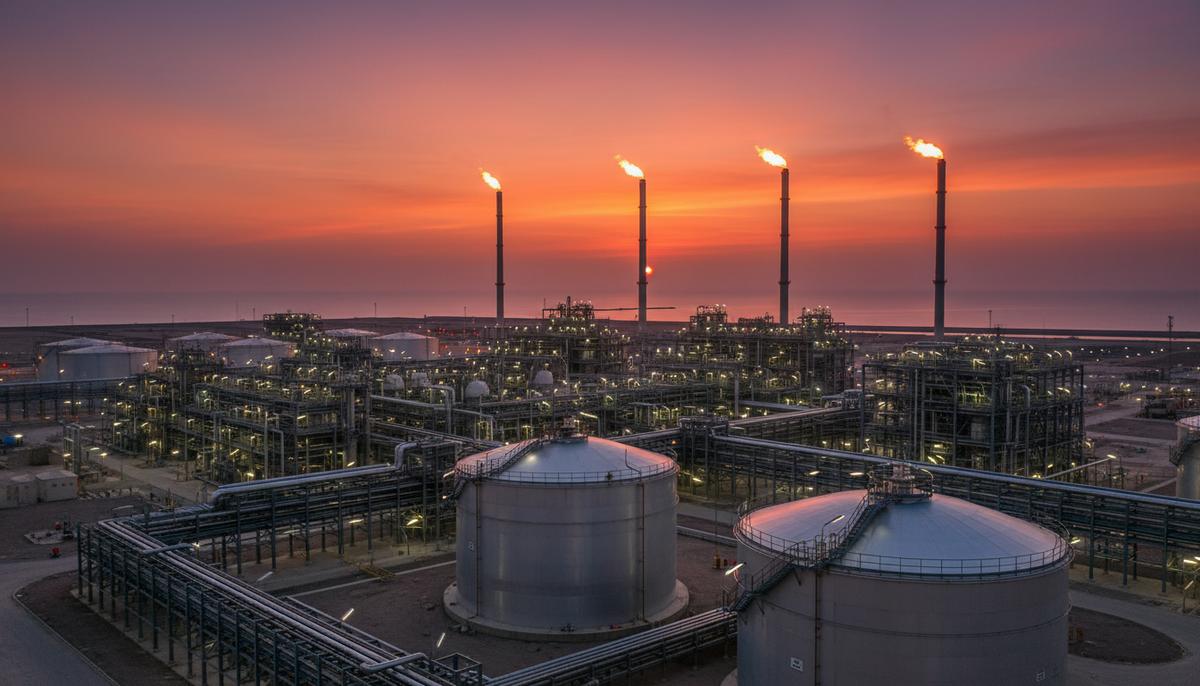 Завод по производству сжиженного природного газа в Рас-Лаффане, Катар, на закате. Огромные резервуары для хранения газа, трубопроводы и факельные установки.