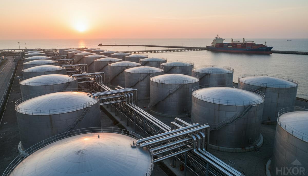 В порту Дюнкерка построят терминал для поддержки энергоперехода Новые белые резервуары для хранения жидкостей и трубопроводы в промышленном порту Дюнкерка на рассвете, на фоне пришвартованного грузового судна.