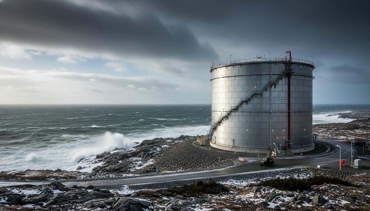 Резервуар для хранения СПГ на скалистом побережье Ньюфаундленда, Канада, на фоне Северной Атлантики.