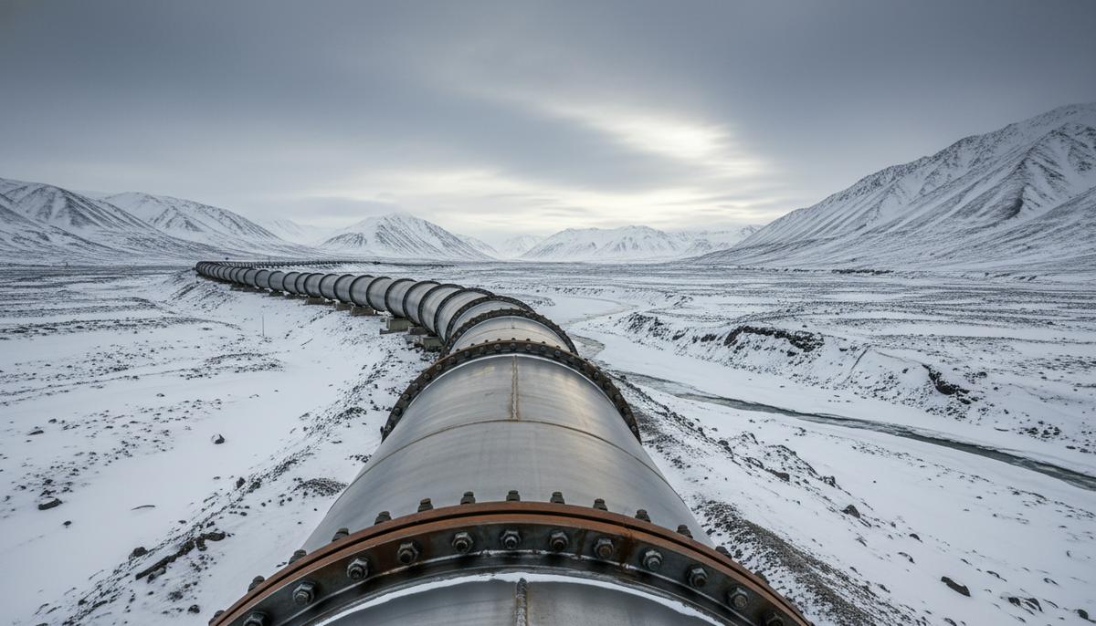 Новый магистральный газопровод, проложенный через заснеженную равнину Аляски на фоне сурового зимнего пейзажа.