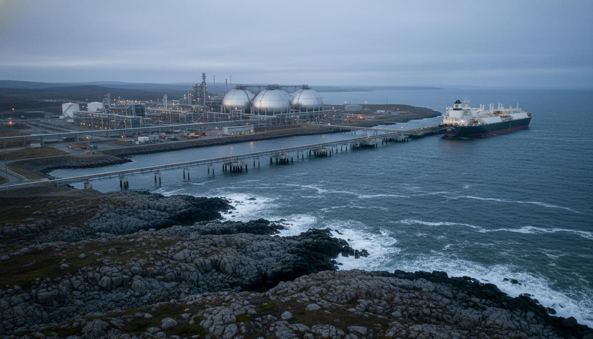 Крупный терминал сжиженного природного газа (СПГ) со сферическими резервуарами и причалом на скалистом побережье Канады.