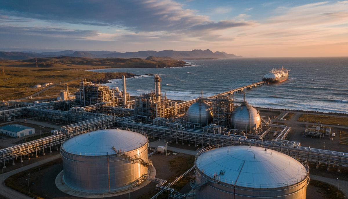 Завод по сжижению природного газа с огромными резервуарами и морским терминалом для газовозов на побережье Аргентины.