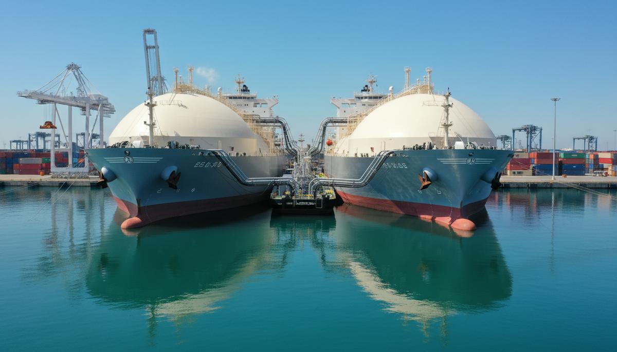 Иберийский полуостров укрепляет позиции как европейский СПГ-хаб для судов Большой газовоз заправляется сжиженным природным газом с малого судна-бункеровщика в морском порту.