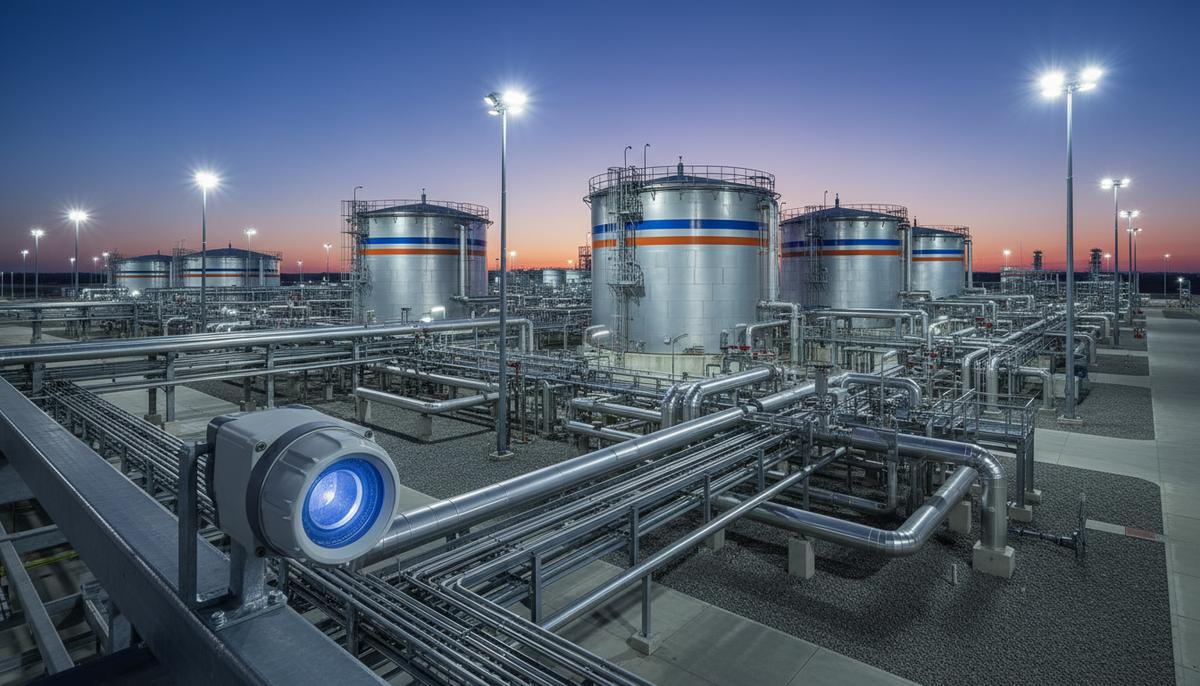 Современный терминал сжиженного природного газа (СПГ) с резервуарами и трубопроводами. На переднем плане — датчик обнаружения утечки газа.