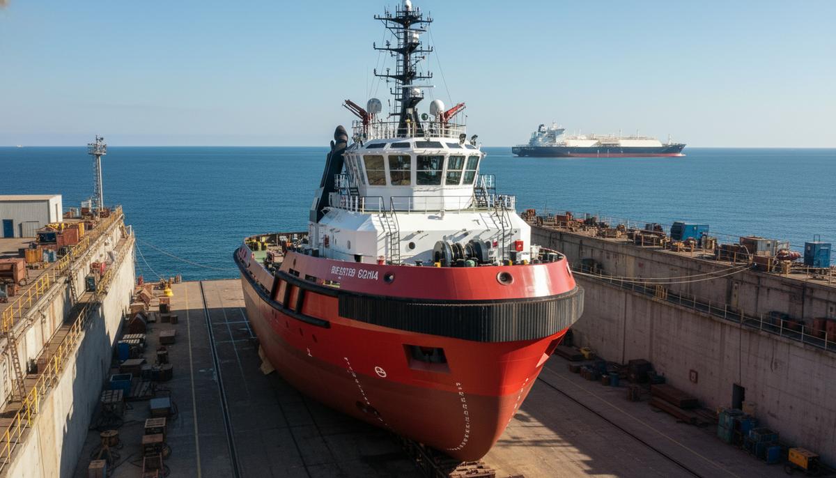 Оман построит первый буксир для проекта Oman LNG на национальной верфи Asyad Новый буксир в сухом доке судостроительной верфи Asyad в Омане, на фоне виднеется СПГ-танкер в море.