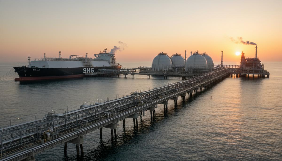 Проект Barossa LNG отправил первую партию сжиженного газа из Австралии в Японию Огромный танкер-газовоз для СПГ у причала современного завода по сжижению газа на рассвете. На фоне видны большие сферические резервуары.