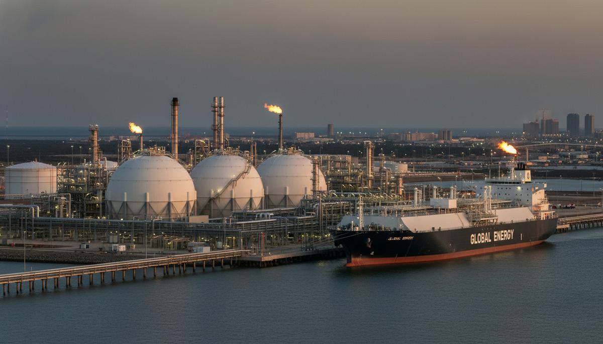 Промышленный пейзаж СПГ-терминала на закате: сферические резервуары для хранения газа, сеть трубопроводов и пришвартованный у причала танкер-газовоз.