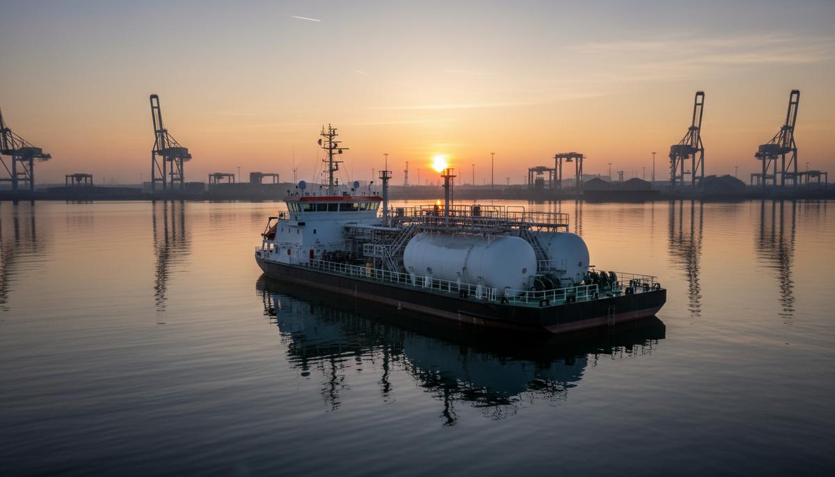 Современное судно для бункеровки сжиженным природным газом (СПГ-бункеровщик) на якоре в акватории промышленного порта на рассвете.
