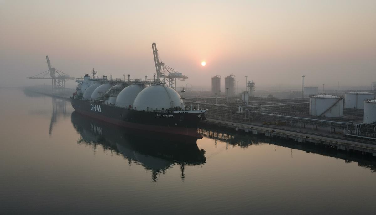 Японская MOL и индийская GAIL подписали контракт на новый СПГ-газовоз GAIL BHUWAN Новый танкер-газовоз для перевозки СПГ GAIL BHUWAN у причала в промышленном порту со сложной системой труб на рассвете.