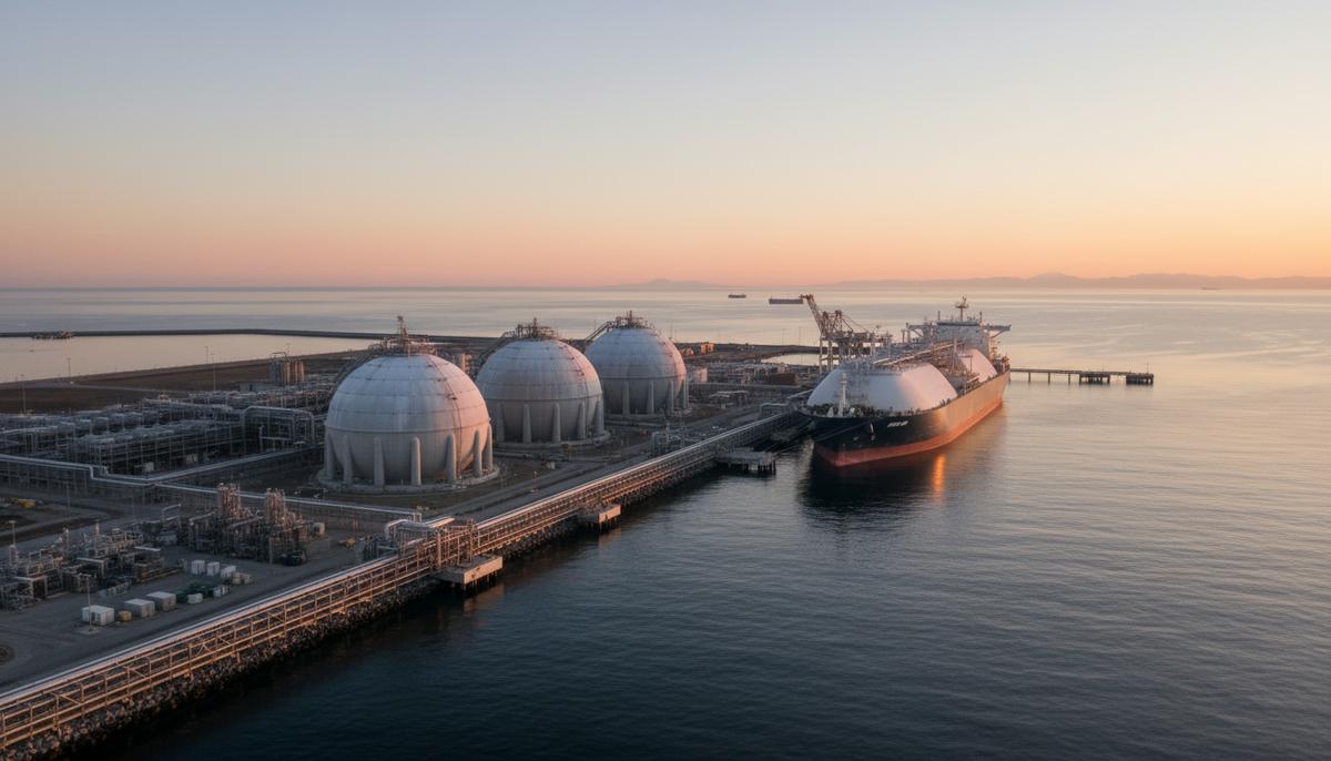 Терминал сжиженного природного газа на рассвете. Большие сферические резервуары и пришвартованный СПГ-танкер у пирса.
