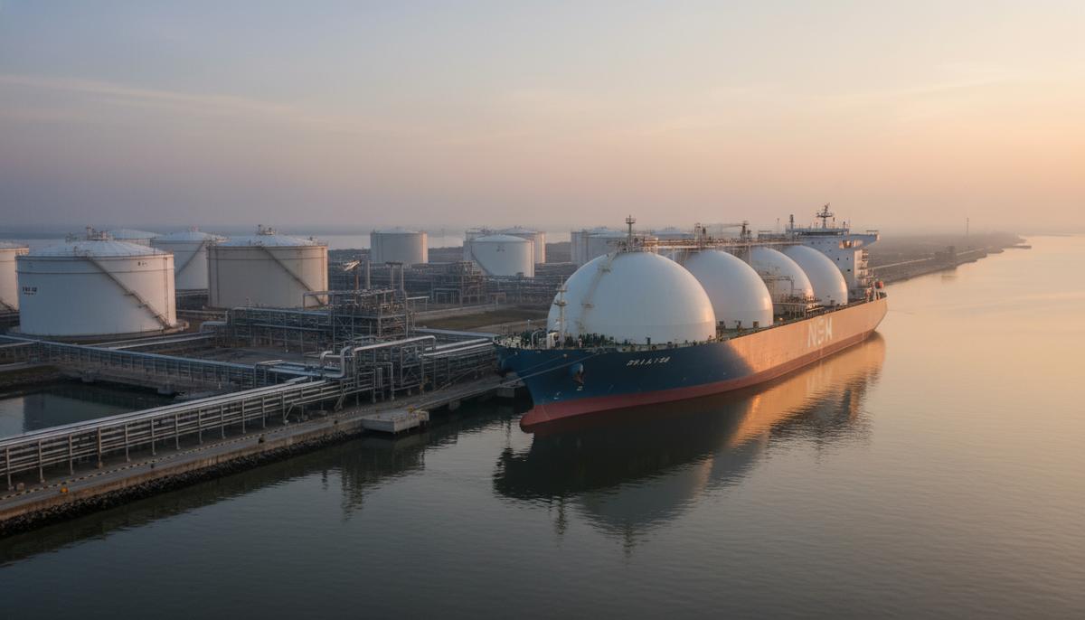 Таиланд получил первую партию СПГ из США по долгосрочному контракту Танкер-газовоз для перевозки СПГ пришвартован у современного портового терминала с резервуарами для хранения топлива на рассвете.