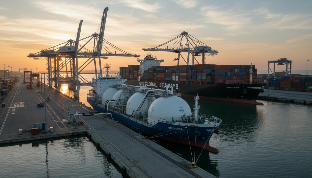 СПГ-бункеровщик заправляет большое грузовое судно в современном промышленном порту на фоне портовых кранов на рассвете.