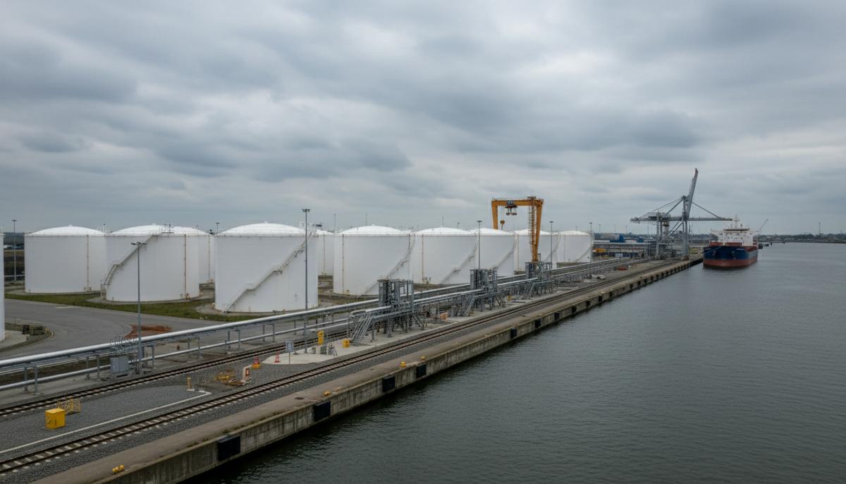 Терминал VTTI в Амстердаме получит ж/д ветку для перевозки топлива Крупные белые резервуары для хранения топлива и железнодорожные пути в промышленном порту Амстердама.