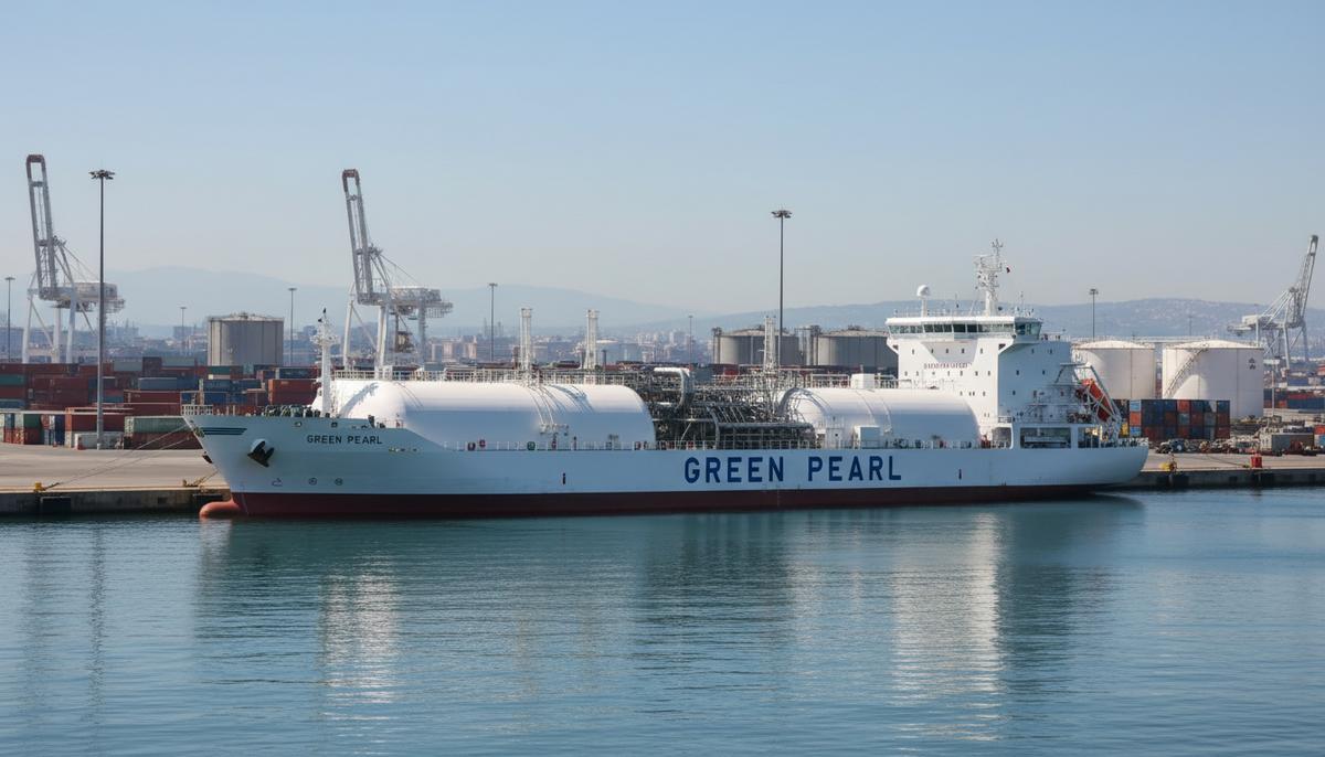 Современное судно-бункеровщик СПГ Green Pearl пришвартовано у причала в промышленном порту Генуи, Италия.