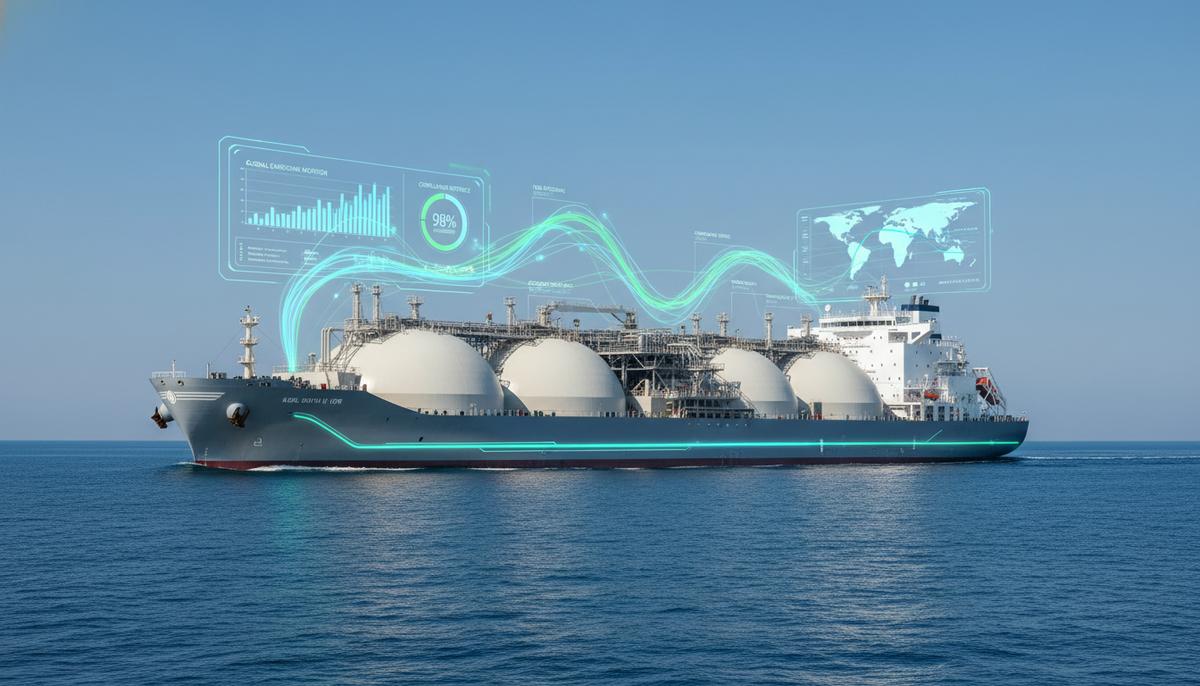Современный газовоз в открытом море, окруженный цифровыми голограммами с графиками и данными по выбросам.