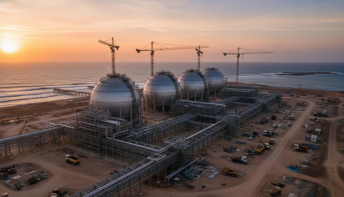 TotalEnergies и Мозамбик возобновили строительство проекта Mozambique LNG Строительная площадка завода СПГ на побережье Мозамбика с массивными сферическими хранилищами и кранами на рассвете.
