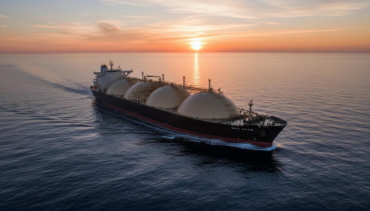 Китайские фонды инвестируют в восемь СПГ-танкеров для Ближнего Востока Современный танкер-газовоз для перевозки СПГ со сферическими резервуарами на палубе в открытом море на рассвете.