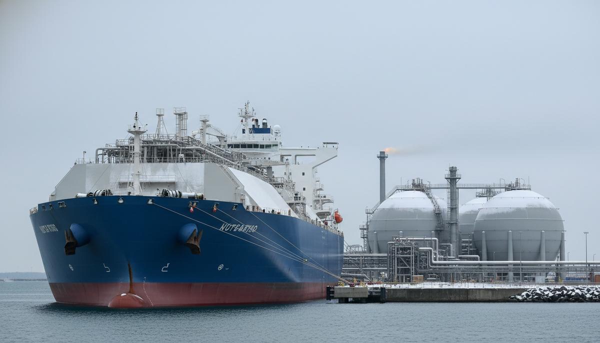 Огромный танкер-газовоз для СПГ у причала современного терминала с большими сферическими резервуарами для хранения газа.