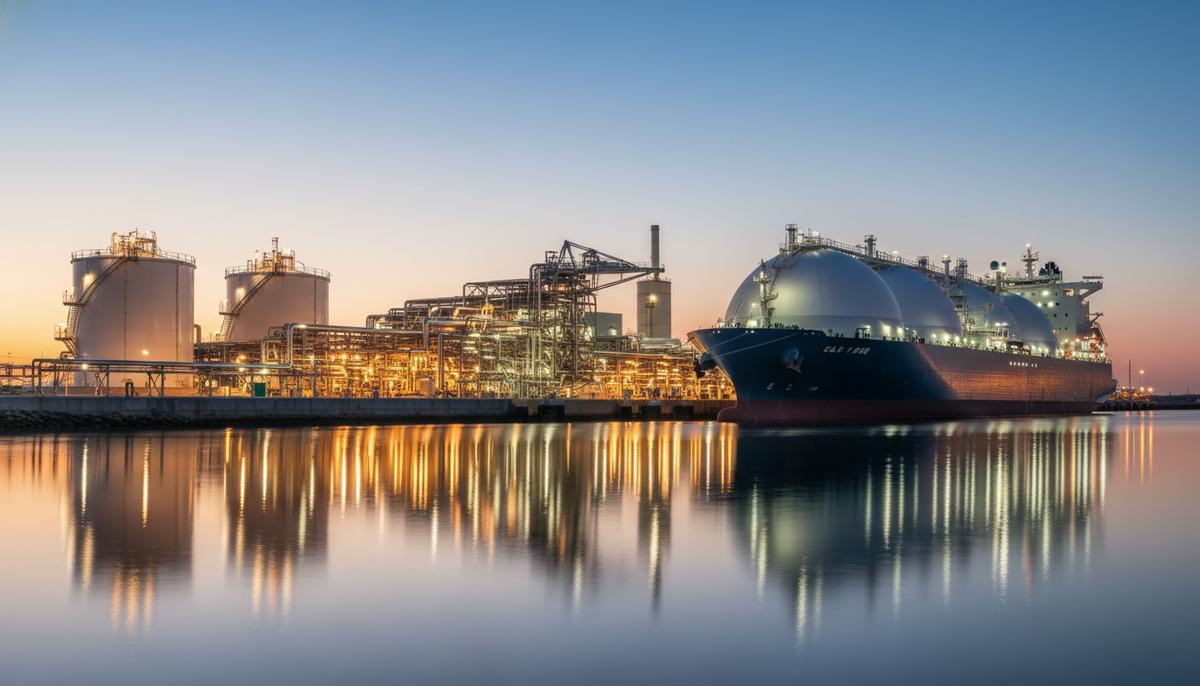 Огромный газовоз СПГ со сферическими резервуарами у причала современного промышленного терминала в сумерках.
