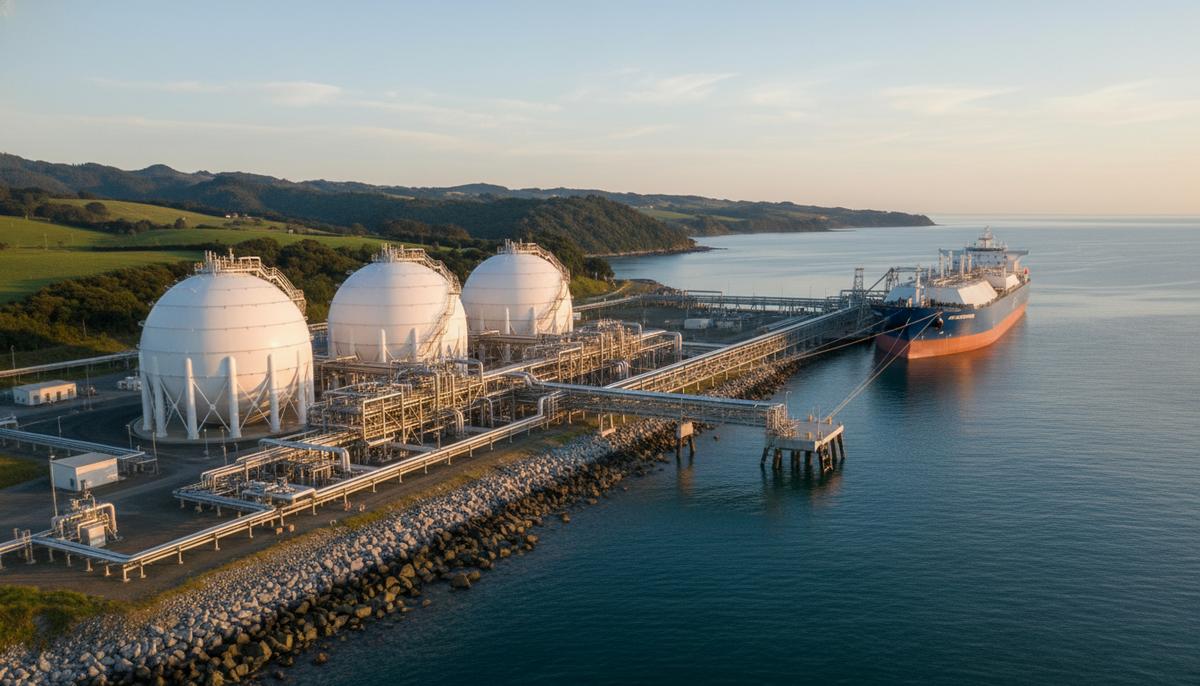 Современный терминал для сжиженного природного газа с большими сферическими резервуарами на побережье. У причала пришвартован СПГ-танкер.