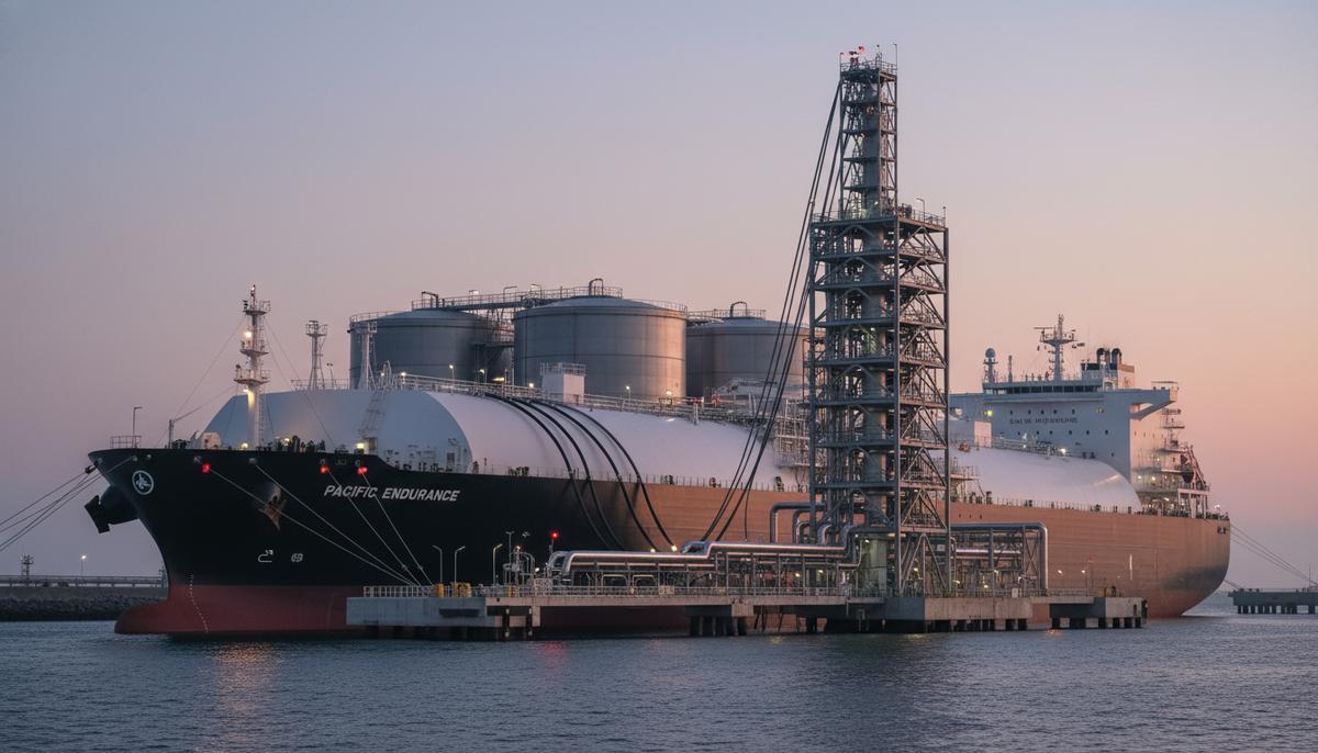 Большой газовоз на заправке у причала современного СПГ-терминала с криогенными резервуарами на берегу моря.