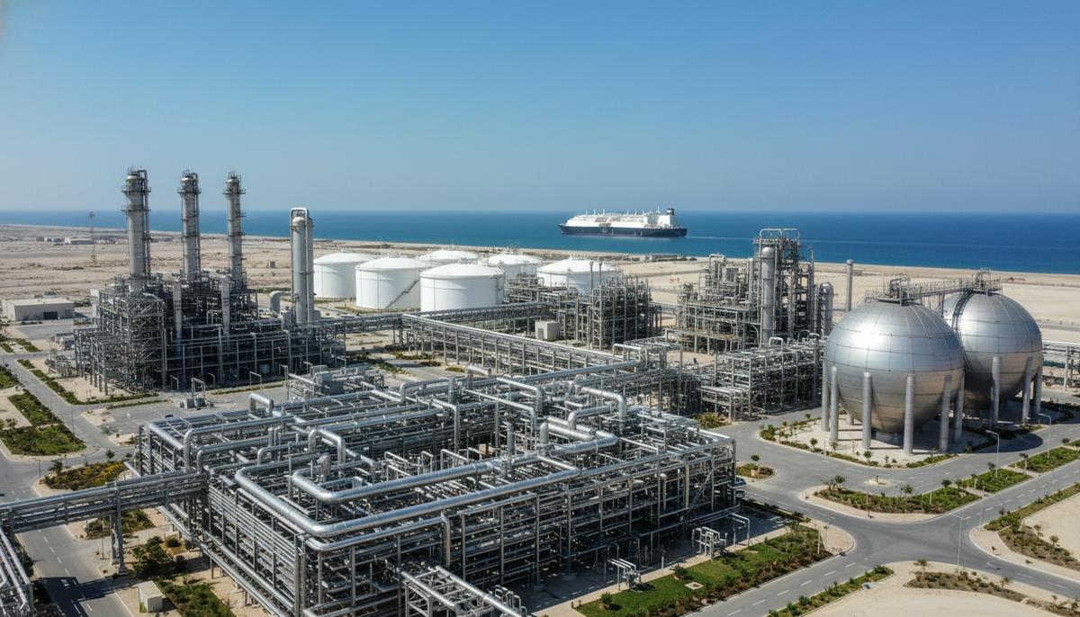 Промышленный комплекс по улавливанию и хранению CO2 рядом с заводом СПГ в Катаре. Сеть стальных труб, колонны и резервуары.