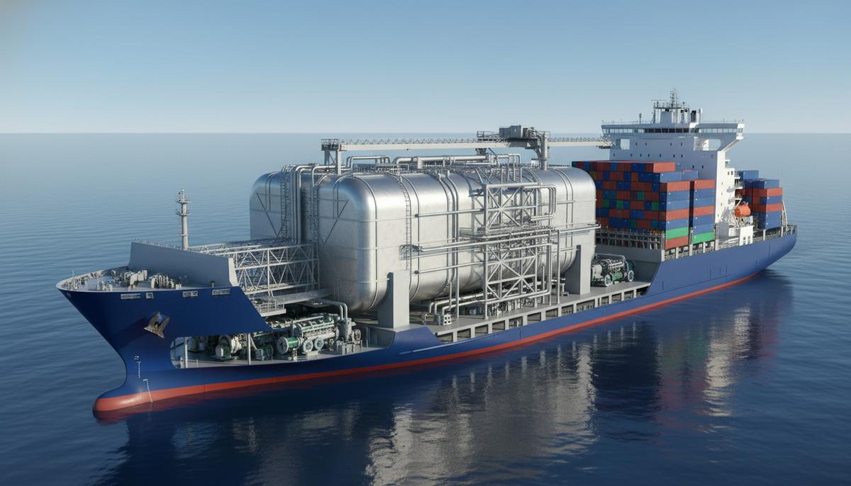 Контейнеровоз на сжиженном природном газе в море. Часть борта судна прозрачна, показывая внутренний кубический топливный бак.