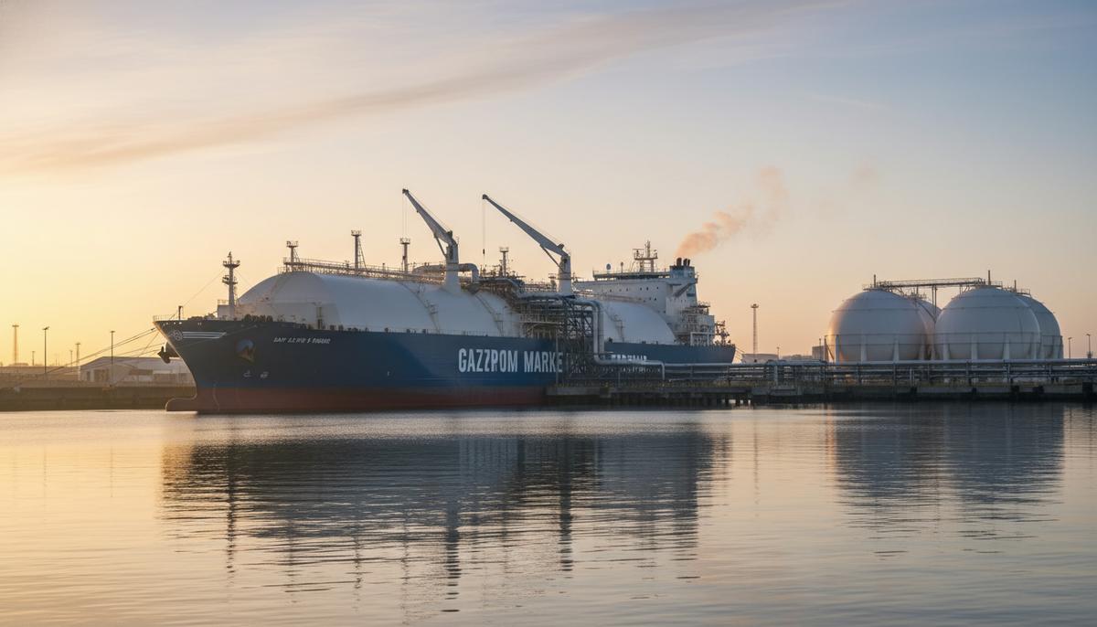 Огромный СПГ-танкер у причала в порту Иммингем на рассвете. К кораблю подведены бункеровочные рукава от берегового терминала с большими сферическими резервуарами для хранения газа.